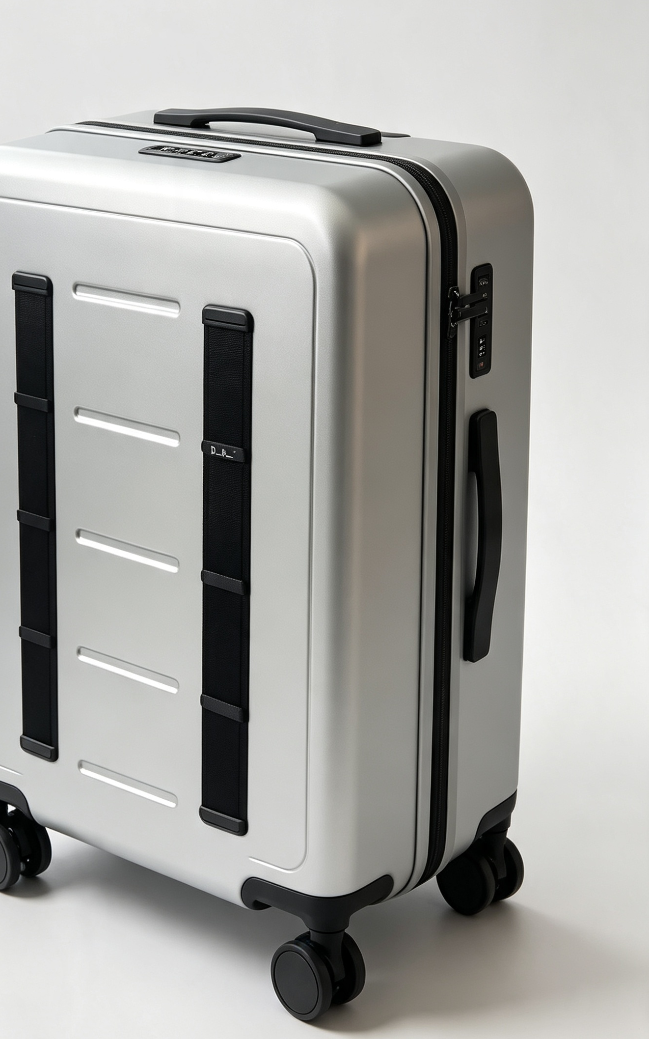 Silver hard‑shell luggage case with webbing straps for airport travel